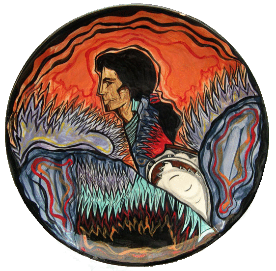 Ceramic plate with the image of an Indian hand painted on it .